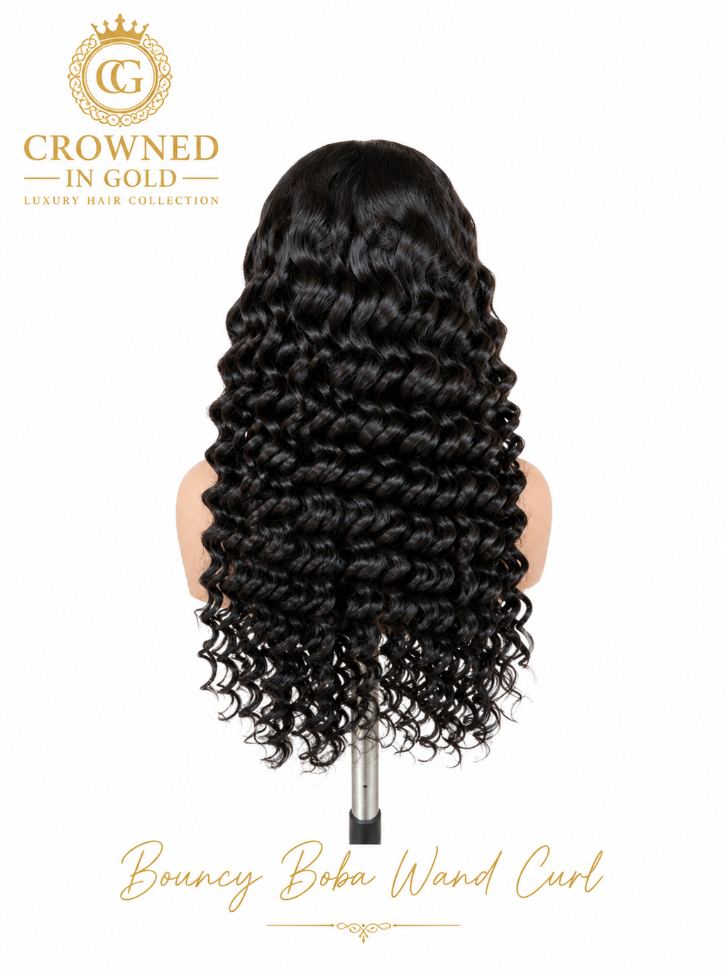 Long, voluminous natural black Bouncy Boba Wand Curl