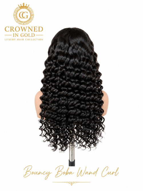 Long, voluminous natural black Bouncy Boba Wand Curl