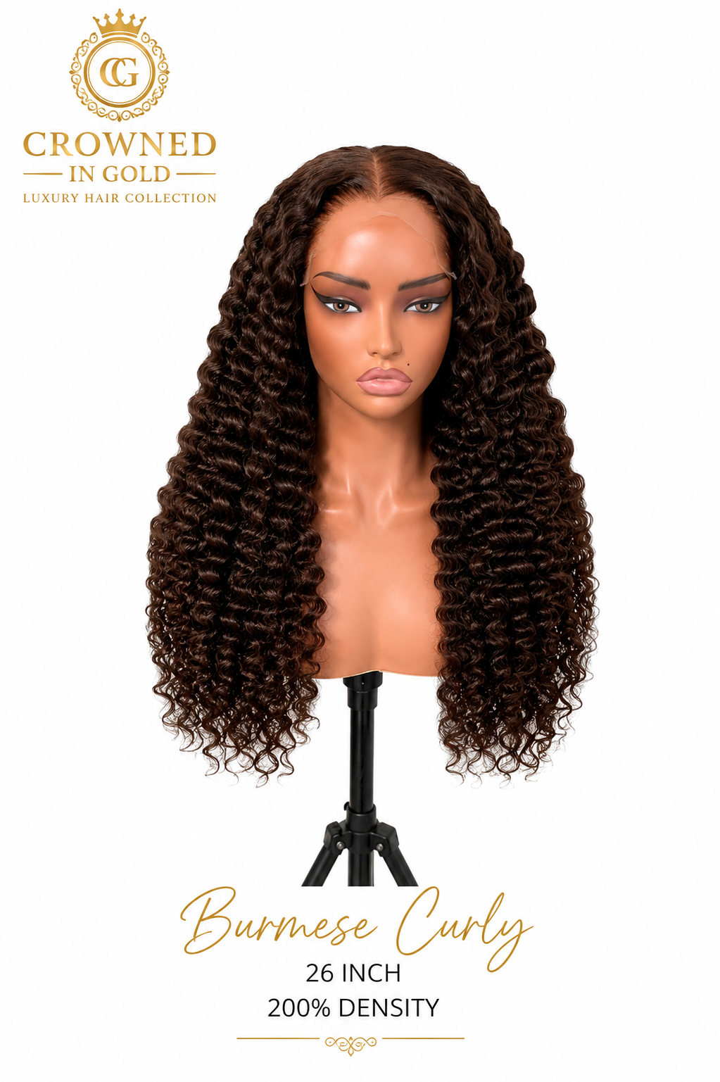 A long, dark brown to near-black curly wig 'Burmese Curly 26 INCH 200% DENSITY'.