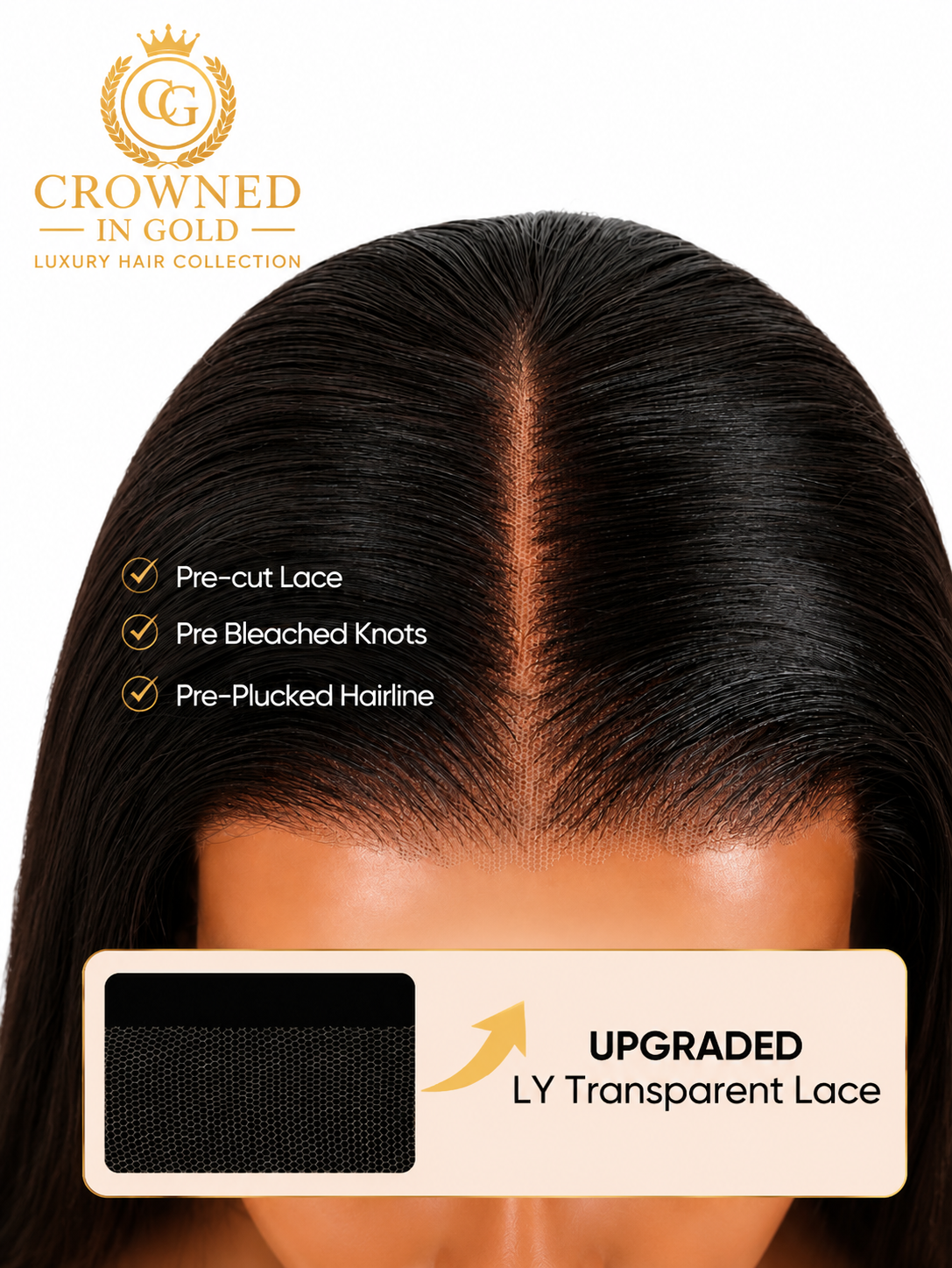 Close-up of HD transparent lace with pre-plucked hairline and pre-bleached knots on Crowned in Gold straight wig