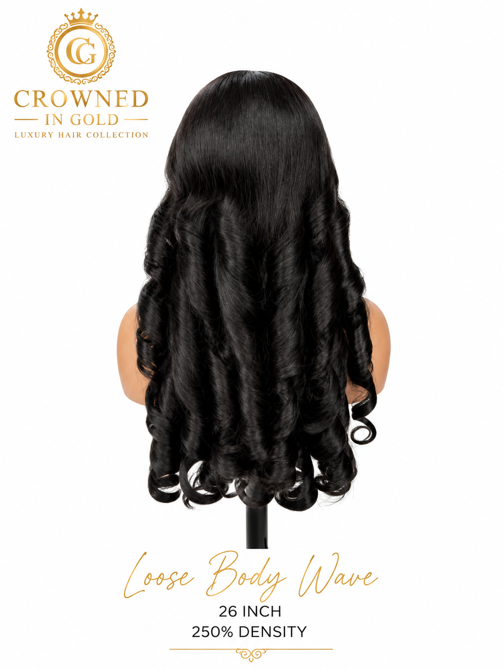 Crowned in Gold Loose Body Wave HD lace front wig in natural black with soft flowing body waves