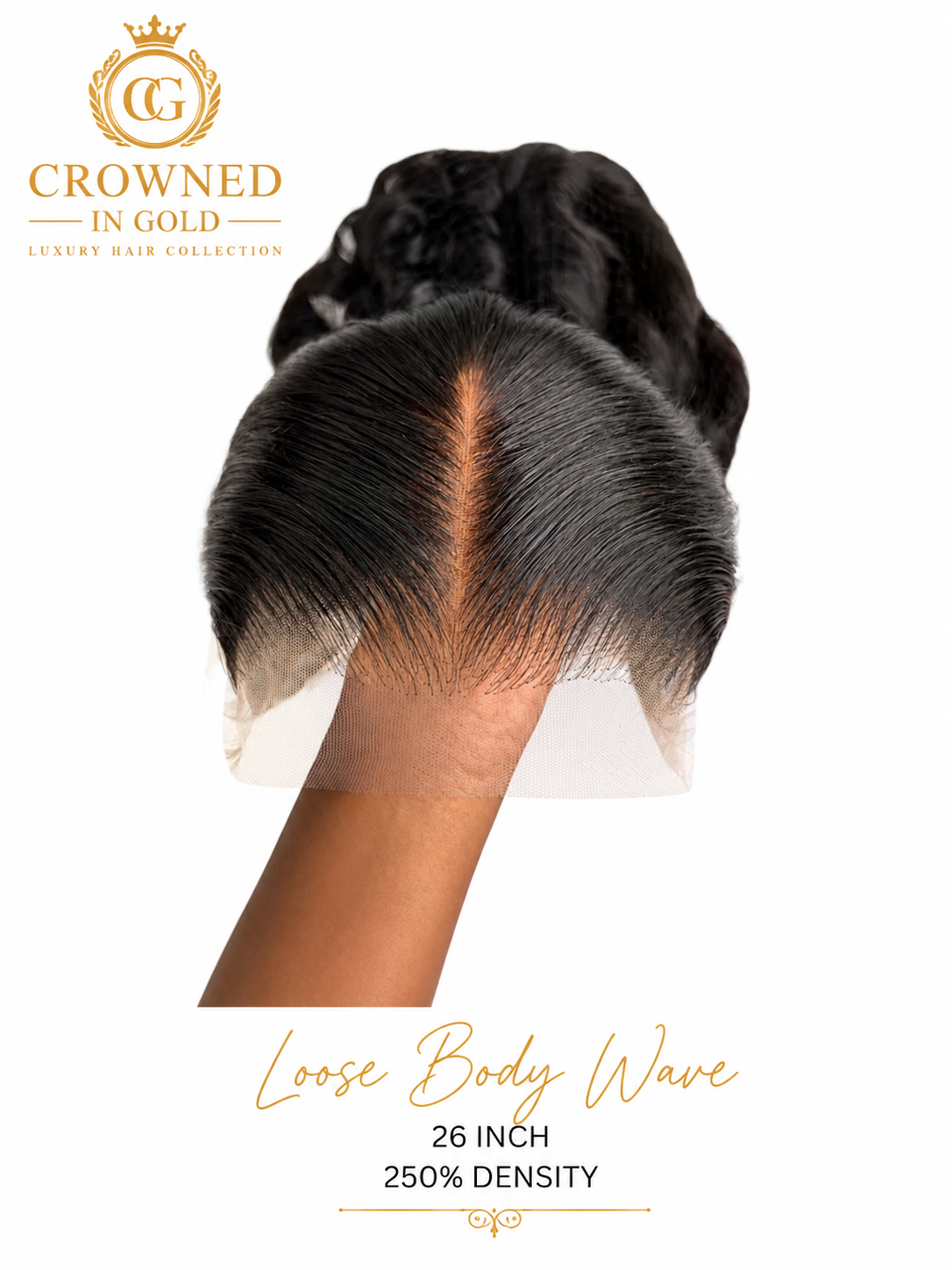 Front view of Crowned in Gold Loose Body Wave HD lace front wig in natural black