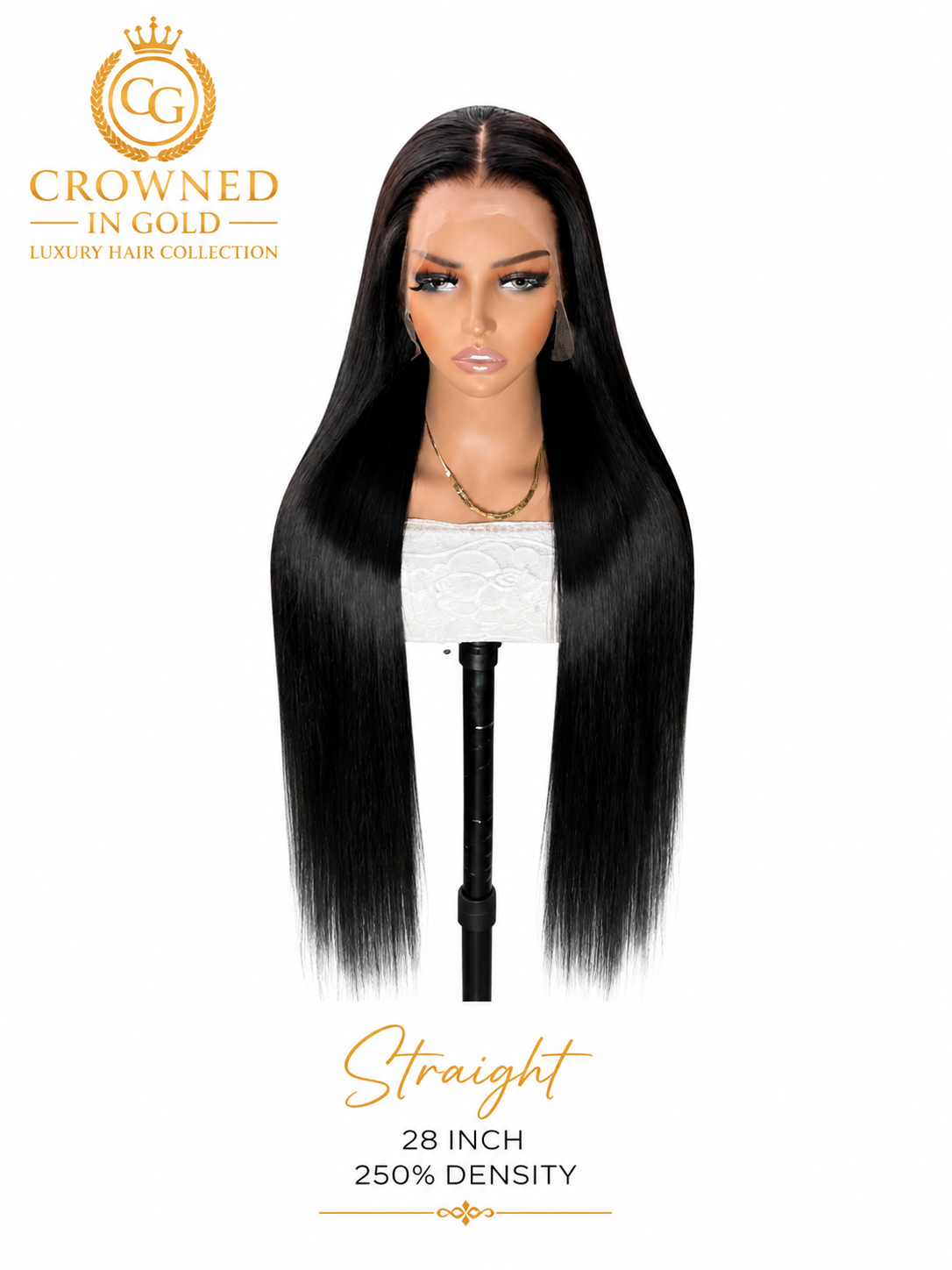 Crowned in Gold CEO Collection straight HD lace front wig in natural black, 28 inches, 250% density