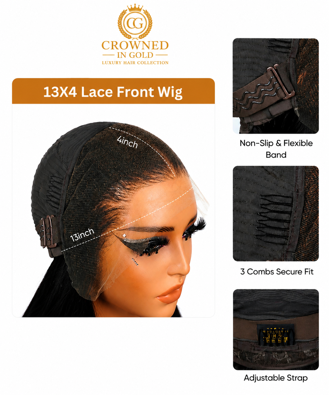 Interior construction of Crowned in Gold HD lace front wig showing adjustable strap, combs, and secure cap design